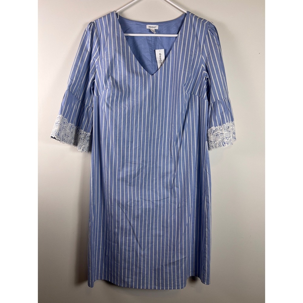 Westport Blue White Stripe Lace Bell Sleeve V Neck Midi Dress Women's‎ Sz 12